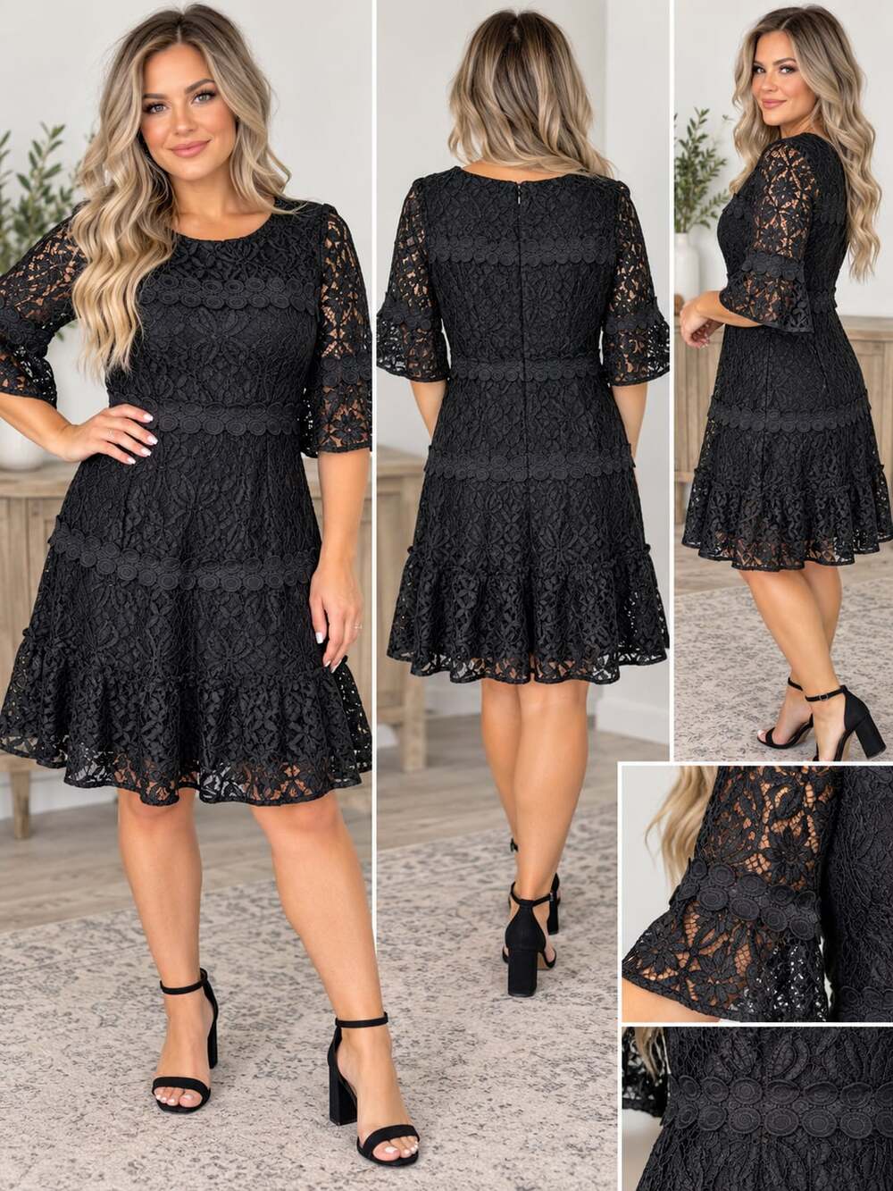Julia Jordan Lace Dress Black Floral Flare Short Sleeve Mini Women’s Size 2